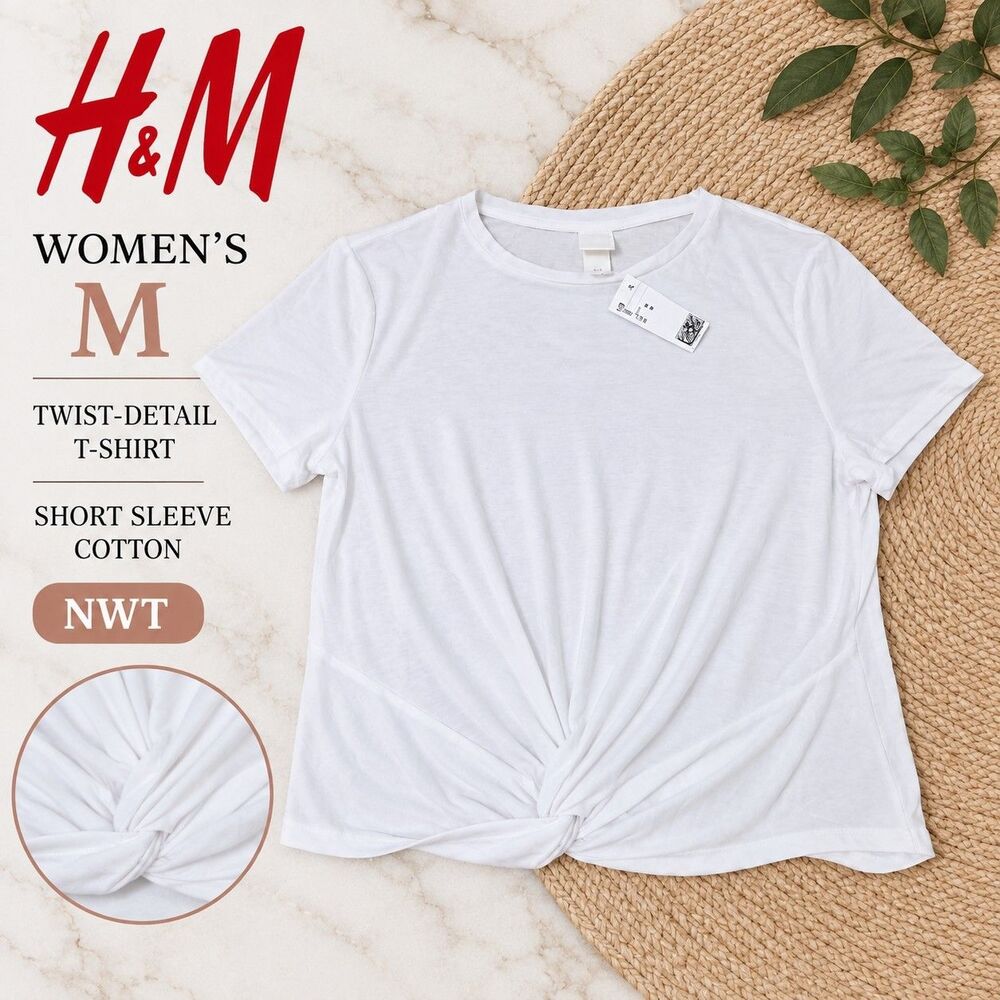 H&M Women's M White Twist-Detail T-Shirt Short Sleeve Cotton NWT